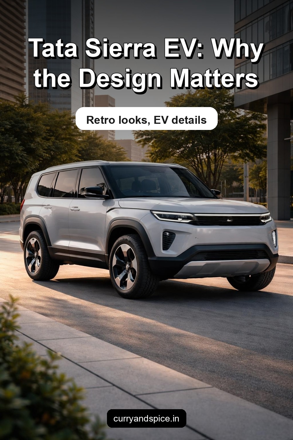 Pinterest image for Tata Sierra EV Launched – Electric Powertrain, Retro SUV Design, Premium Features